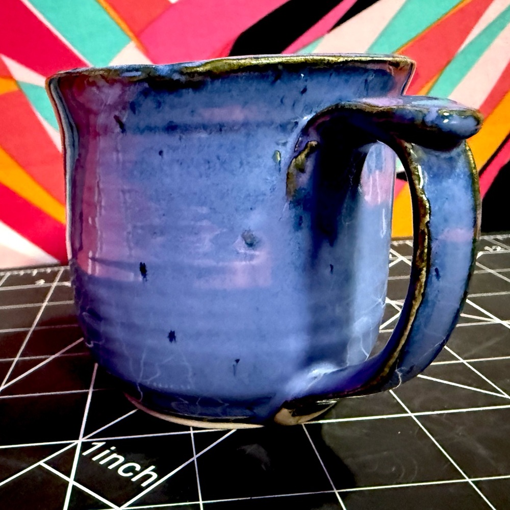 Hand Thrown Studio Art Pottery Mug Artist Signed Unique Blue Glaze